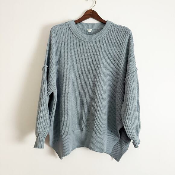 AERIE Chunky Oversized Knit Ribbed Crewneck Sweater Dusty Blue Medium M - Picture 2 of 9